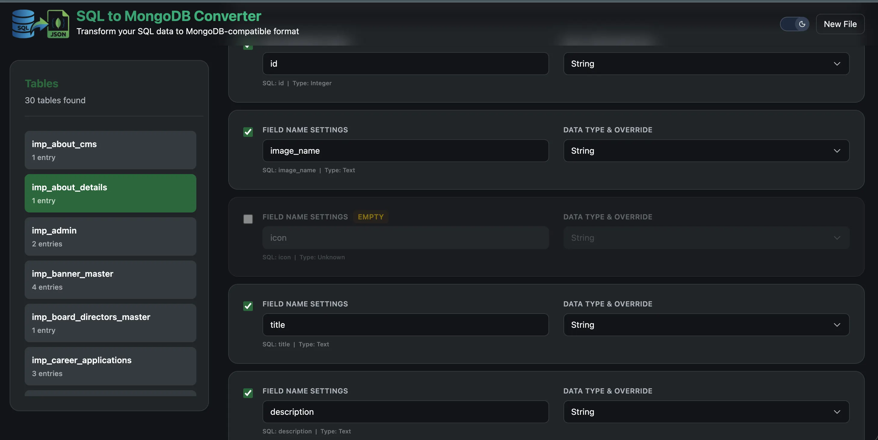 SQL to MongoDB Converter interface showing field mapping and export options